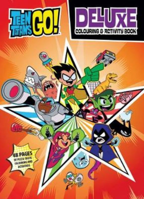 Deluxe colouring and activity book featuring Teen Titans characters, ideal for young fans and creative activities.