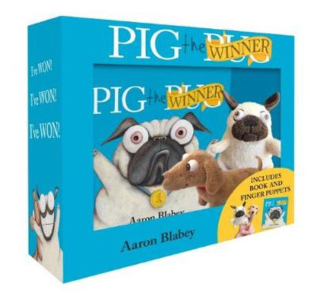 Pig the Winner book cover with illustrations and finger puppets of Pig and Trevor for interactive storytelling fun.