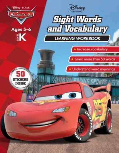 Disney Cars workbook for kindergarten, featuring fun exercises for mastering sight words and vocabulary with colorful illustrations.