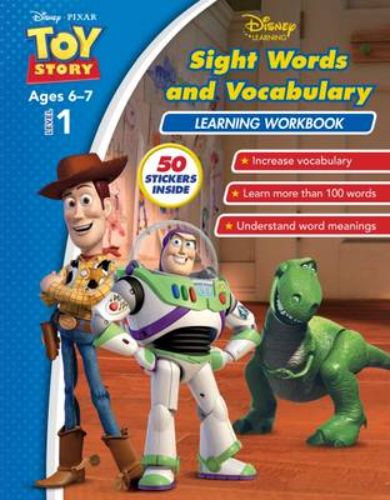 Disney Toy Story learning workbook for kids, featuring colorful pages and engaging exercises on sight words and vocabulary.