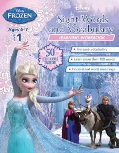 Colorful Frozen-themed workbook for kids featuring sight words, vocabulary, and engaging activities to enhance literacy skills.