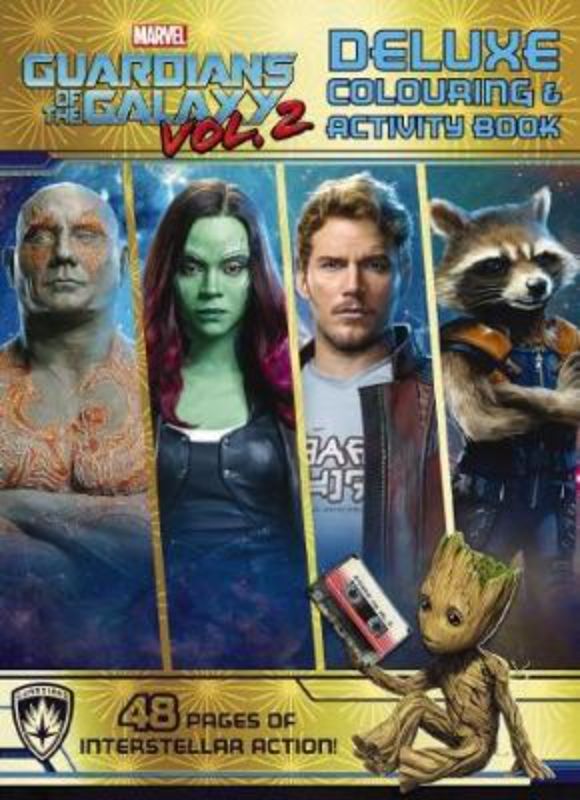 Deluxe Guardians of the Galaxy colouring book with vibrant pages for creative activities, featuring Star-Lord, Gamora, and Rocket.