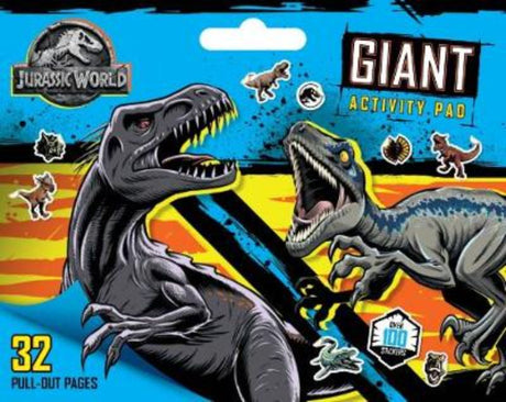 Giant Jurassic World activity pad featuring 32 colorful pages of puzzles, mazes, and fun dinosaur-themed activities.