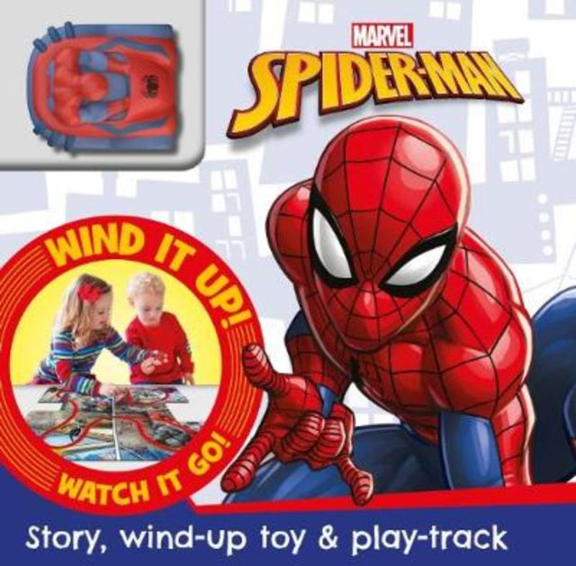 Colorful Spider-Man busy board with interactive activities, including a wind-up toy and track for toddlers' motor skill development.