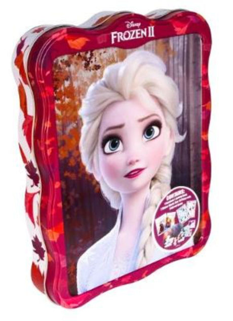 Colorful Frozen 2 Happy Tin filled with a storybook, activity book, coloring book, poster, and felt-tip pens for creative fun.