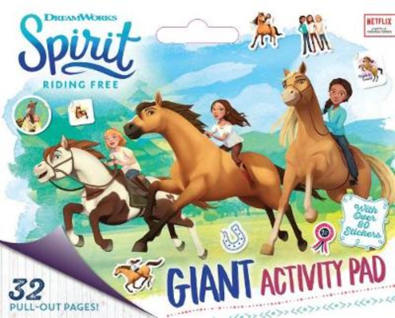 Giant Spirit Riding Free activity pad with 32 pages of fun illustrations, puzzles, and a carry handle for on-the-go creativity.