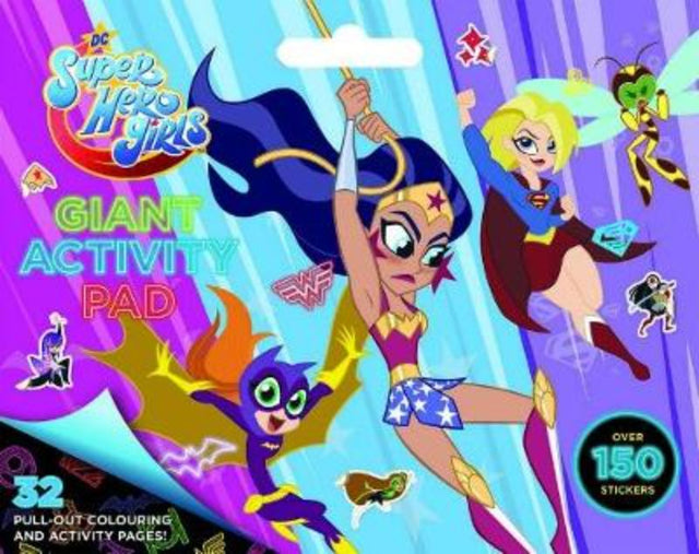 Giant activity pad featuring DC Super Hero Girls, includes coloring pages, stickers, and tear-out pages for creative fun.