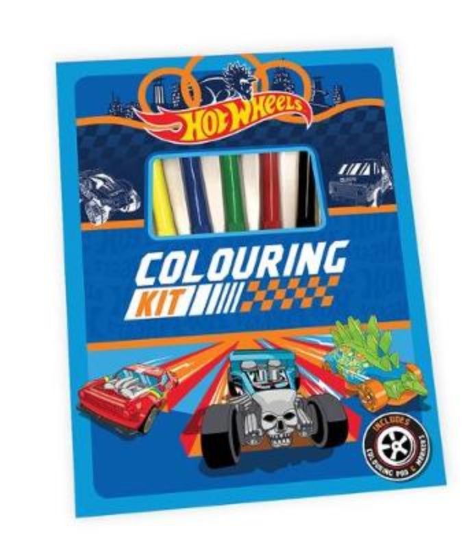 Vibrant Hot Wheels colouring kit with marker pens and designs for kids to express creativity and enhance motor skills.