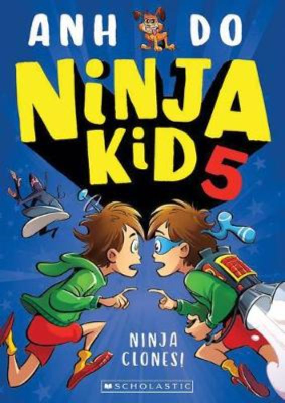 Cover of 'Ninja Clones! (Ninja Kid #5)', featuring Nelson and Kenny with their robot clones in an adventurous setting.