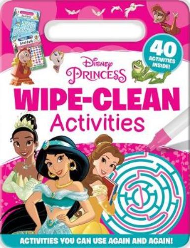 Wipe-clean activity book featuring Disney Princesses for endless fun, includes wipe-clean pen for easy reuse.