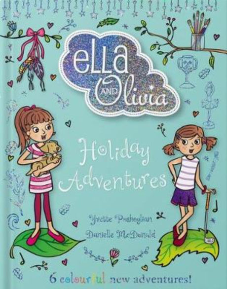 Vibrant illustration of sisters Ella and Olivia enjoying adventures like crafting friendship bands and playing putt-putt golf.