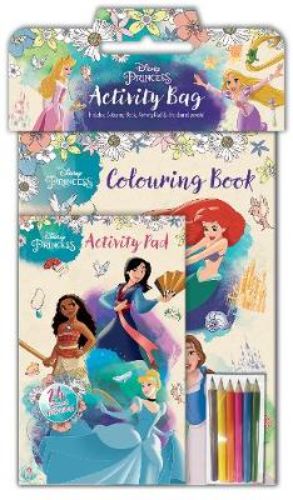 Disney Princess Activity Bag featuring a 24-page colouring book, activity pad, and six colored pencils for creative fun.