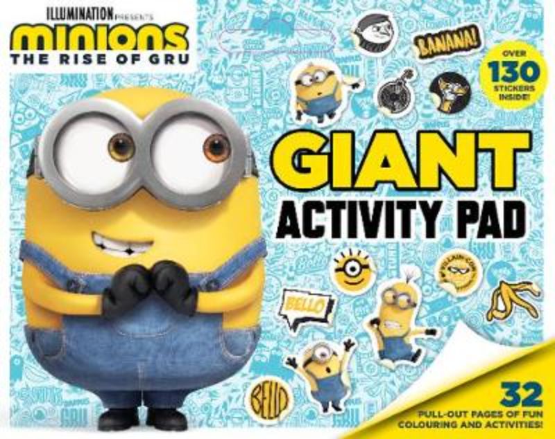 Colorful giant activity pad featuring Minions for creative fun, with 32 pages of coloring and puzzles, plus a convenient carry handle.