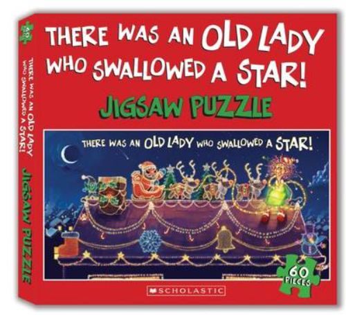 Children's storybook and jigsaw puzzle featuring a whimsical old lady swallowing a star and Santa, perfect for holiday fun.