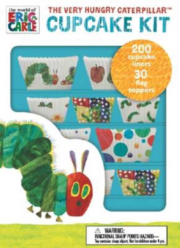 Colorful cupcake kit featuring The Very Hungry Caterpillar liners, flag toppers, and tasty recipes for creative baking.