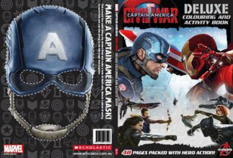 Coloring and activity book featuring Captain America and Iron Man in thrilling scenes and engaging puzzles for kids.