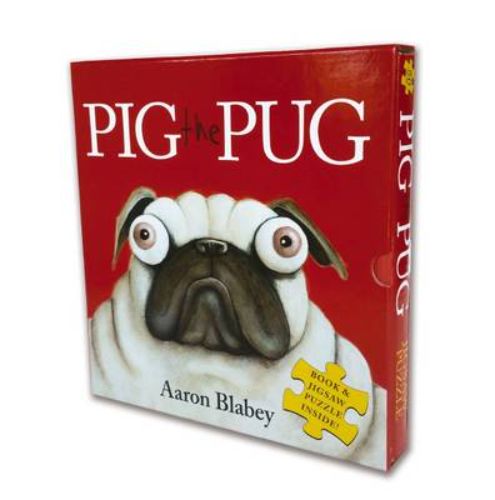 Colorful Pig the Pug Pb + Jigsaw Set featuring a 24-piece puzzle and storybook for young readers aged 3 and up.