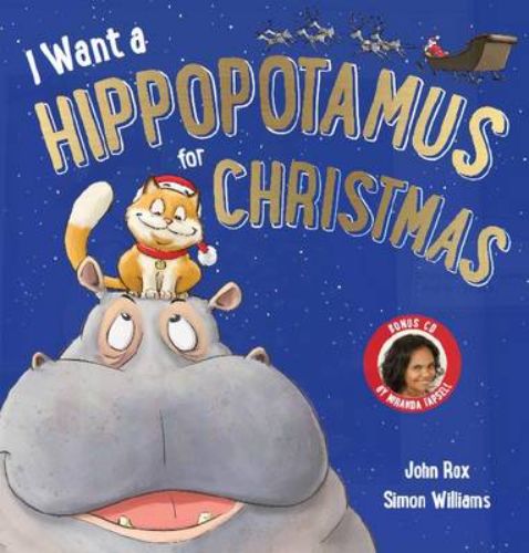 Colorful hardback book featuring a kitten wishing for a hippopotamus, includes a CD of the classic Christmas song.