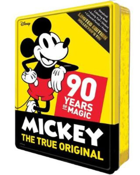 Mickey's 90th Anniversary Collector's Tin featuring a mini-storybook, activity pad, colouring book, poster, stickers, and pencils.