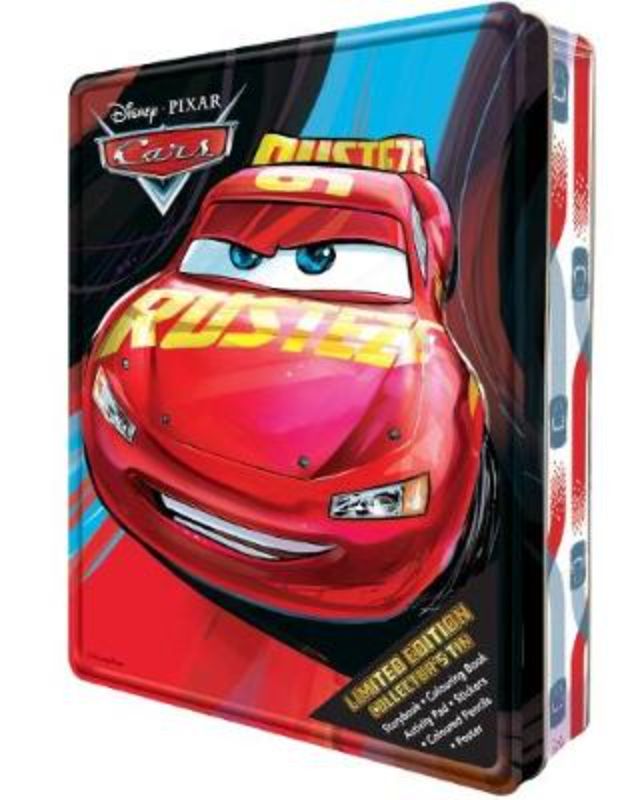 Disney Cars Collector's Tin featuring a mini-storybook, activity pad, coloring book, poster, stickers, and colored pencils.