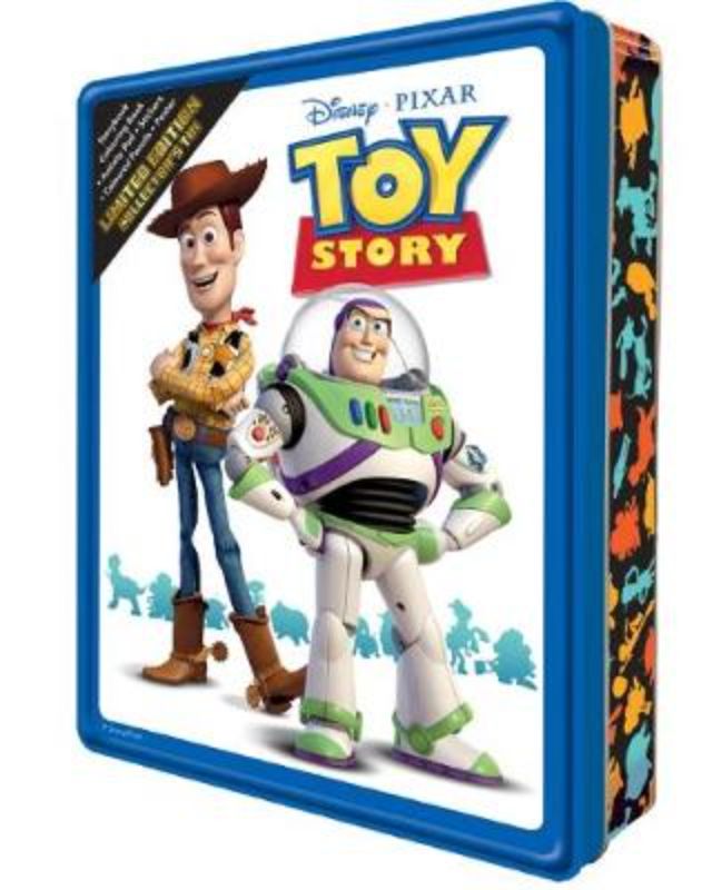 Disney Pixar Toy Story Collector's Tin with mini-storybook, activity pad, coloring book, poster, stickers, and colored pencils.