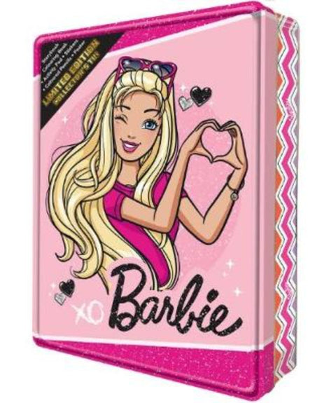 Colorful Barbie collector's tin with storybook, activity pad, coloring book, poster, stickers, and colored pencils.