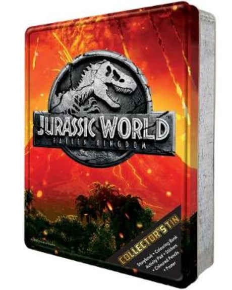 Jurassic World 2: Fallen Kingdom Collector's Tin with storybook, activity pad, coloring book, poster, stickers, and colored pencils.