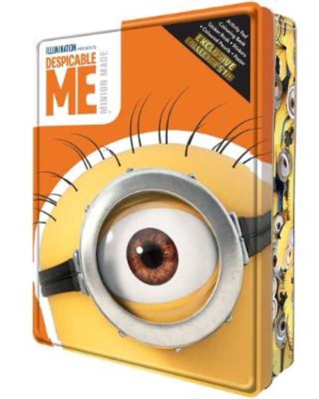 Despicable Me Collector's Tin with storybook, activity pad, coloring book, poster, stickers, and colored pencils.