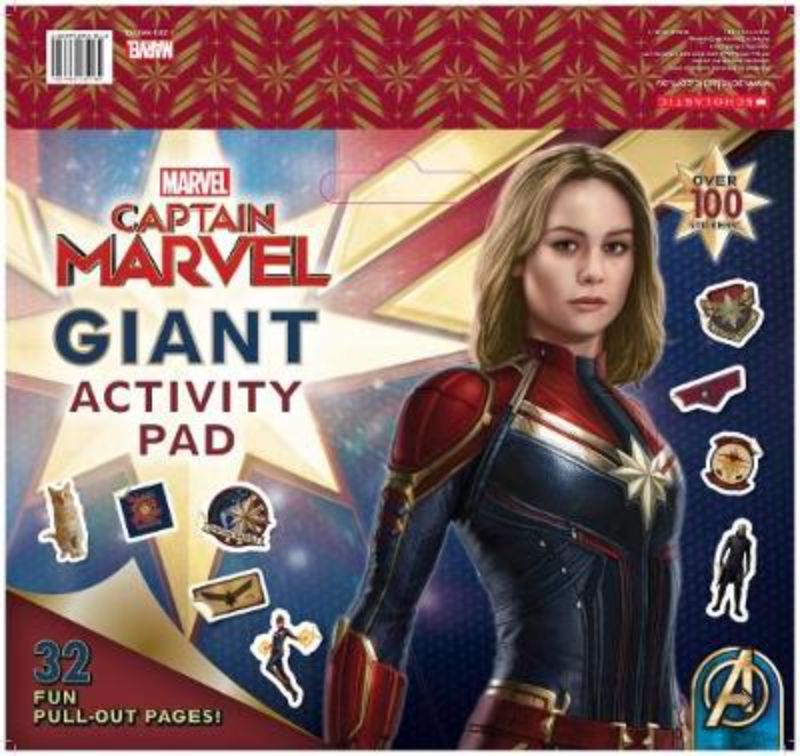 Colorful Captain Marvel activity pad featuring 32 pages of puzzles and illustrations for creative kids aged 4 and up.