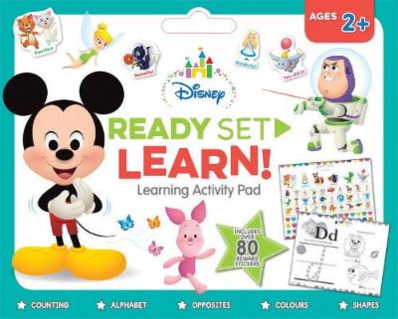 Disney Baby Ready Set Learn! Activity Pad with 128 colorful pages for learning colors, shapes, and numbers featuring Mickey Mouse.