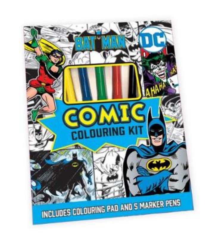 Batman Comic Colouring Kit featuring 48 detailed pages and 5 vibrant markers for creative fun and relaxation.