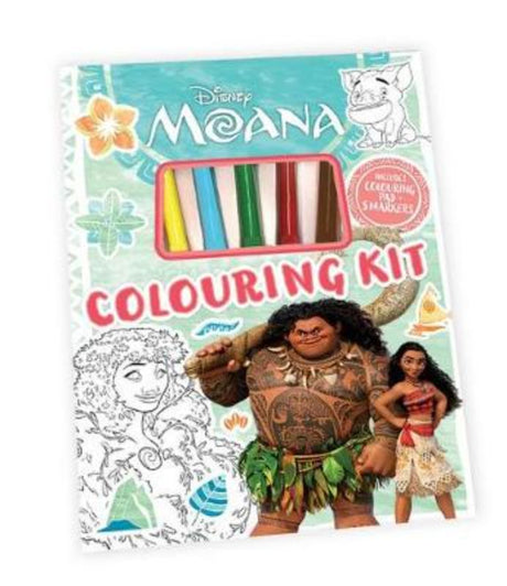 Moana Colouring Kit featuring 48 illustrated pages and 5 vibrant markers for creative adventures.