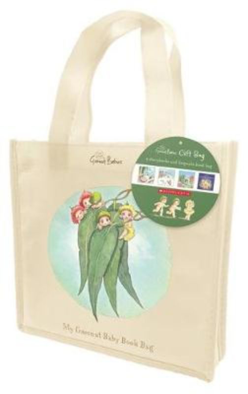 My Gumnut Baby Book Bag with four illustrated storybooks by May Gibbs in a charming cloth tote, perfect for young readers.