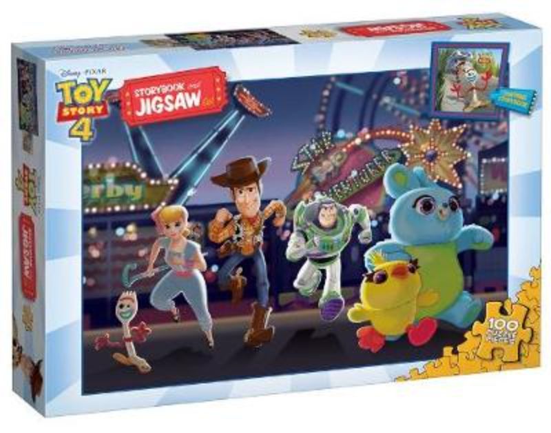 Toy Story 4 Storybook and Jigsaw Set featuring Woody's adventure to rescue Forky, perfect for young Disney-Pixar fans.