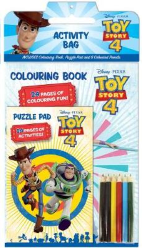 Toy Story 4 Activity Bag with 48 pages, coloring book, puzzles, and coloring pencils for creative fun.