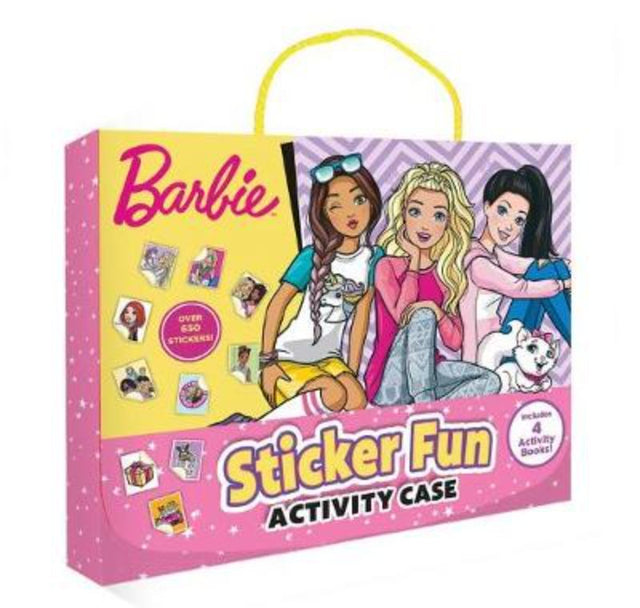 Barbie Sticker Fun Activity Case with four colorful sticker books and extra sheets, designed for creative play on the go.