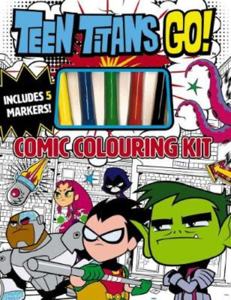 Teen Titans Go! Comic Colouring Kit with 48 pages and 5 vibrant markers for creative young artists.