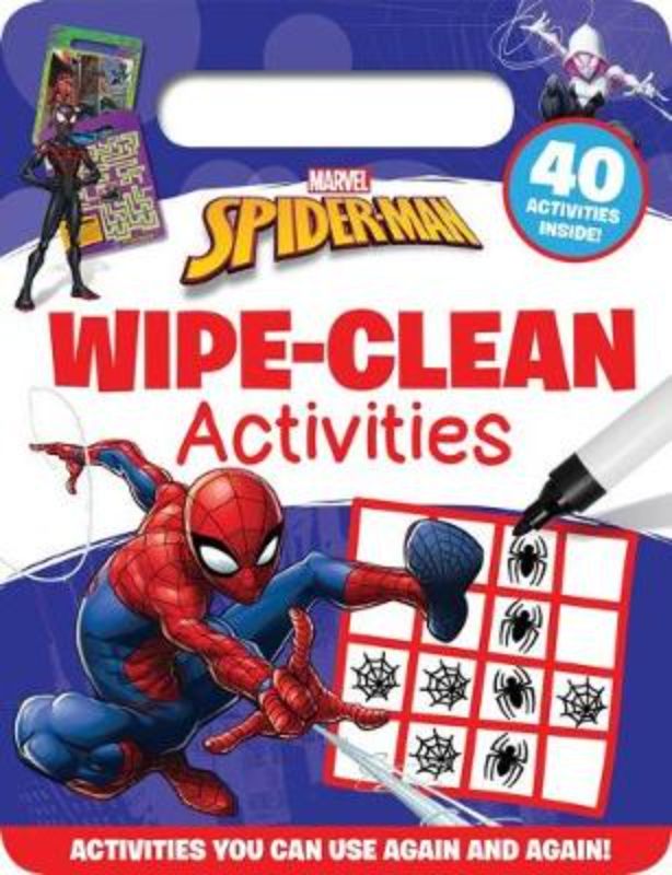 Interactive Spider-Man activity book with wipe-clean pen, featuring puzzles and drawing prompts for endless fun.