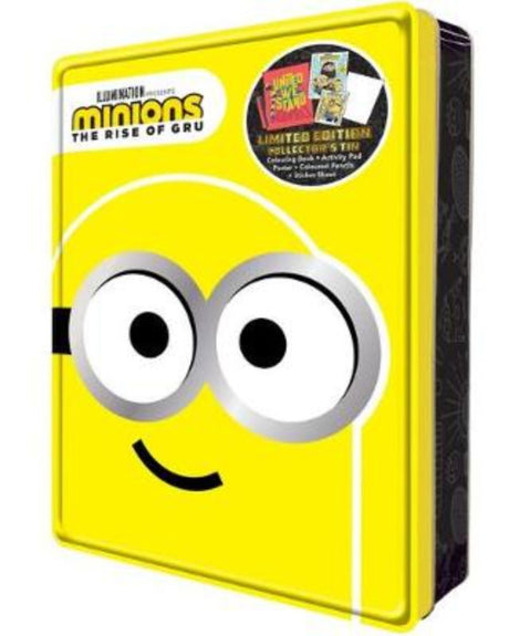 Colorful Minions Happy Tin with storybook, activity book, coloring book, poster, and felt-tip pens for creative fun.