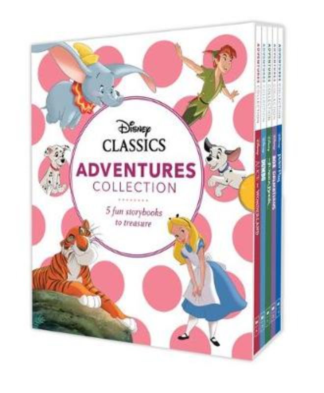 Disney Classics: Adventures Collection box set featuring Dumbo, The Jungle Book, 101 Dalmatians, Alice in Wonderland, and Peter Pan.