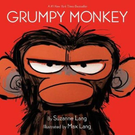 Hardcover book 'Grumpy Monkey' depicting Jim the chimpanzee in a grumpy mood, exploring emotions and friendship.