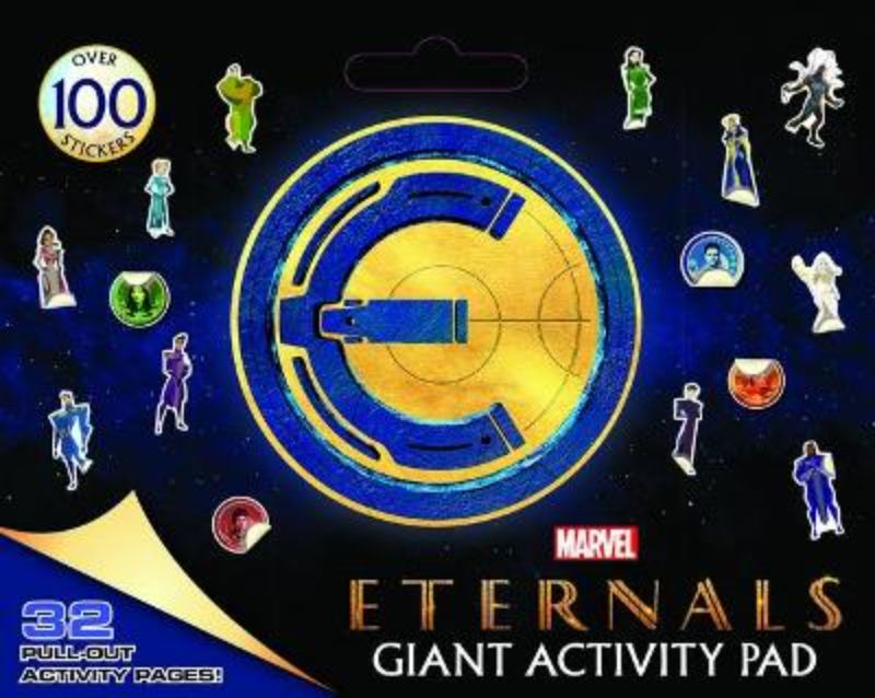 Eternals: Giant Activity Pad featuring Marvel characters with 32 pages of coloring, puzzles, stickers, and mazes for kids.