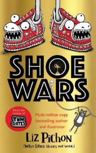 Shoe Wars paperback cover featuring Ruby and Bear racing to save their dad from Wendy Wedge and flying shoes.