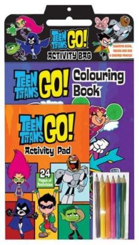 Teen Titans Go! Activity Bag with coloring book, puzzle pad, and pencils featuring Robin, Starfire, Cyborg, Raven, and Beast Boy.