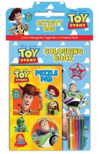 Toy Story Activity Bag featuring a coloring book, puzzle pad, and six colored pencils for creative fun on the go.