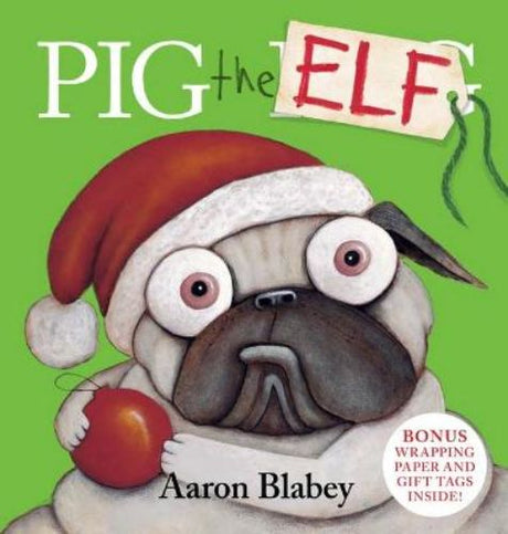 A festive bundle featuring the hardback book 'Pig the Elf', wrapping paper, and six gift tags for joyous holiday gift-giving.