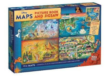 A vibrant picture book featuring illustrated maps from Disney and Pixar films, paired with a fun jigsaw puzzle for kids.