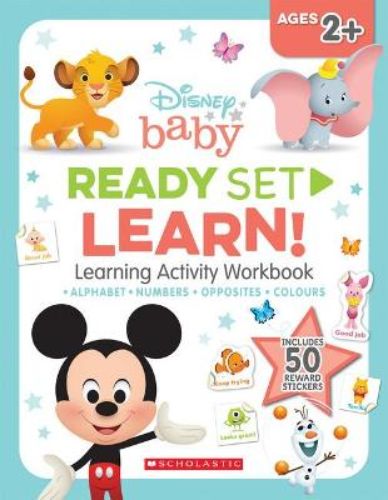 Disney Baby workbook featuring Mickey Mouse and friends, with 40+ pages of engaging learning activities for toddlers.