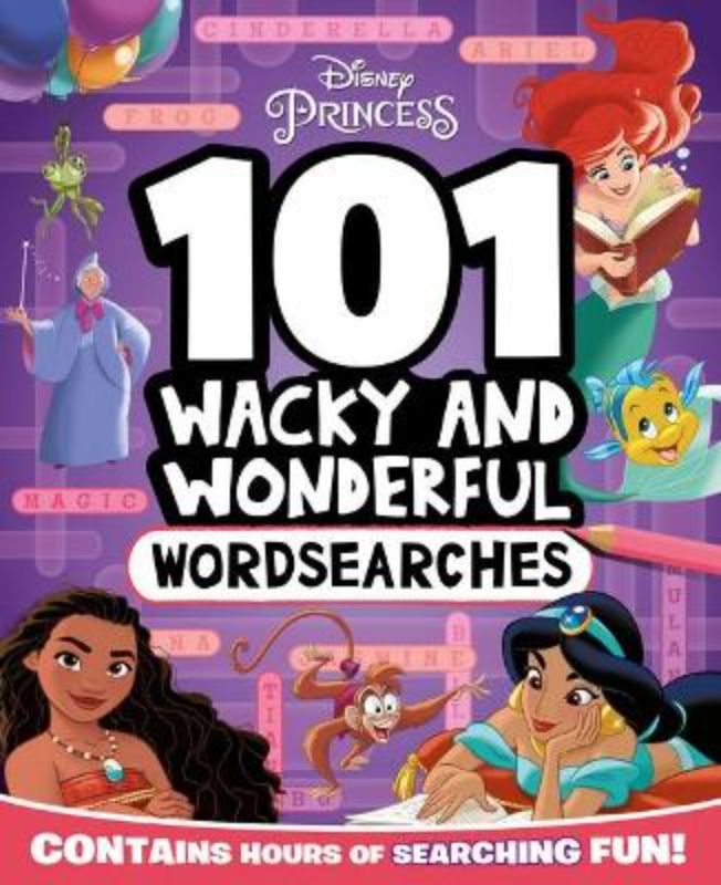 Disney Princess activity book featuring 101 wordsearch puzzles with colorful illustrations and beloved characters.