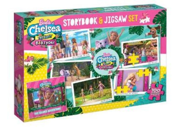 Barbie & Chelsea: The Lost Birthday storybook and jigsaw set featuring vibrant illustrations for young readers and puzzlers.